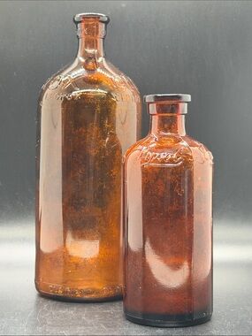 Vintage MCM Amber Clorox and Lysol Glass Disinfectant Bottles 40s 50s Set of 2
